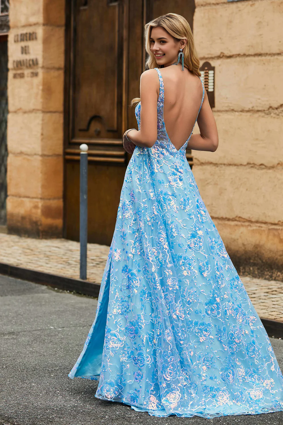 Sparkling Lace A-Line Square Neck Sleeveless Backless With Slit Floor-Length Fashion Party Dress Hot Sale Prom Dresses